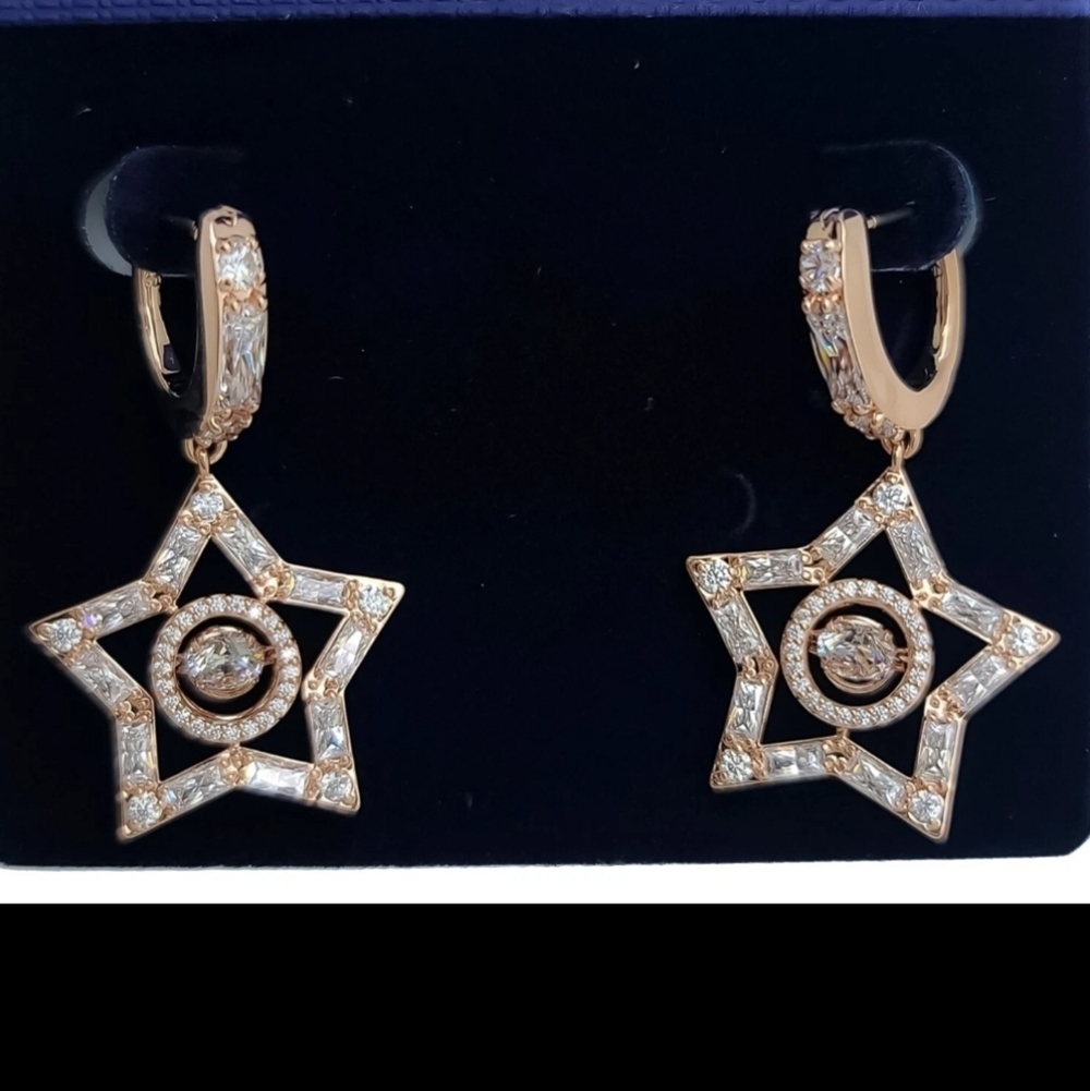 Brand New SWAROVSKI Rose Gold Crystals Star Hoop Drop Earrings